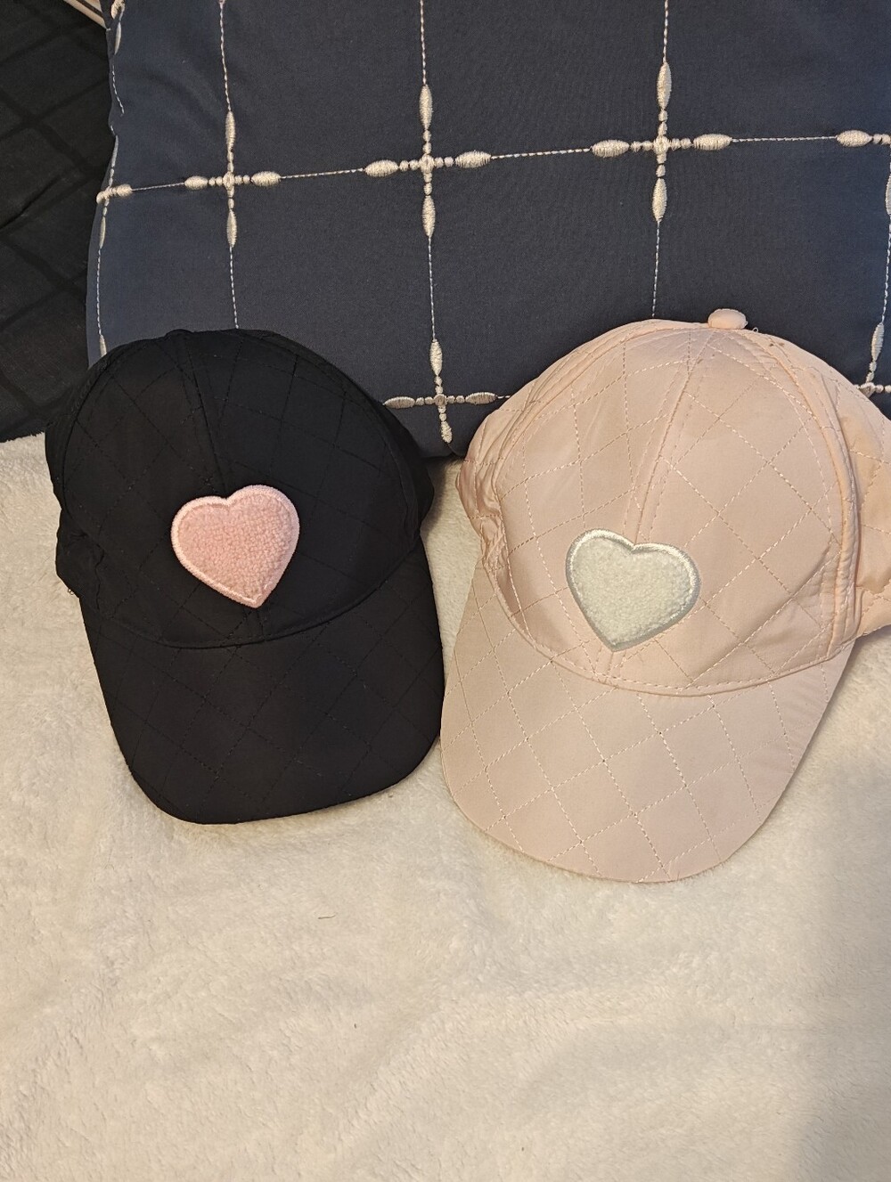 Two Light Pink and Blue Quilted Caps with a Heart Center- OSFM